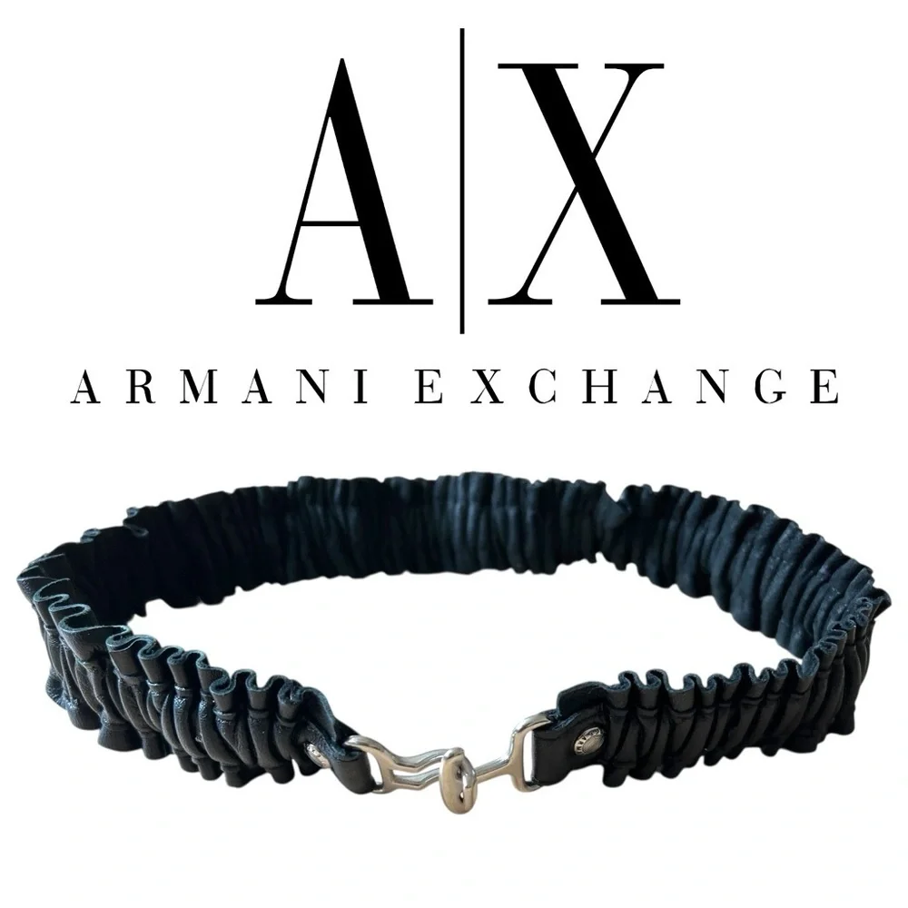 A/X Armani Exchange Black Leather STRETCHY adjustable silver buckle unisex belt